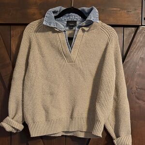 Lumiere  V-Neck denim collar sweater in Beige